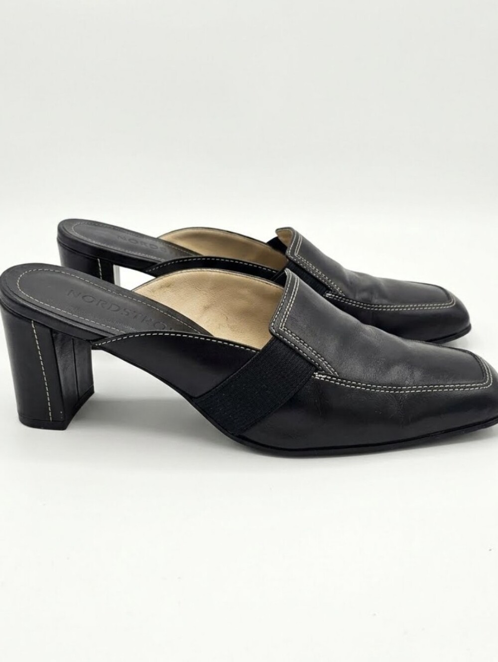 Vintage Nordstrom Black Leather Square-Toe Slip-On Mules Block Heel Wmn'sSz 7.5